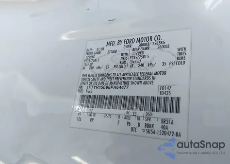 2008 Ford Ranger Fx4 Off-Road/Sport/Xl/Xlt z USA, uszkodzony, nr VIN 1FTYR15E98PA64477